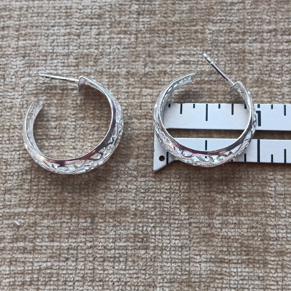 Silver Tone Cut Out Hoop Earrings - Picture 3 of 4